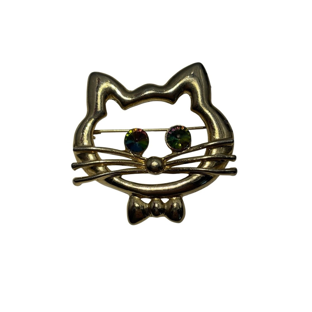 Vintage Gold Tone Aurora Borealis Rhinestone Eyes Bowtie Kitty Cat Brooch Pin